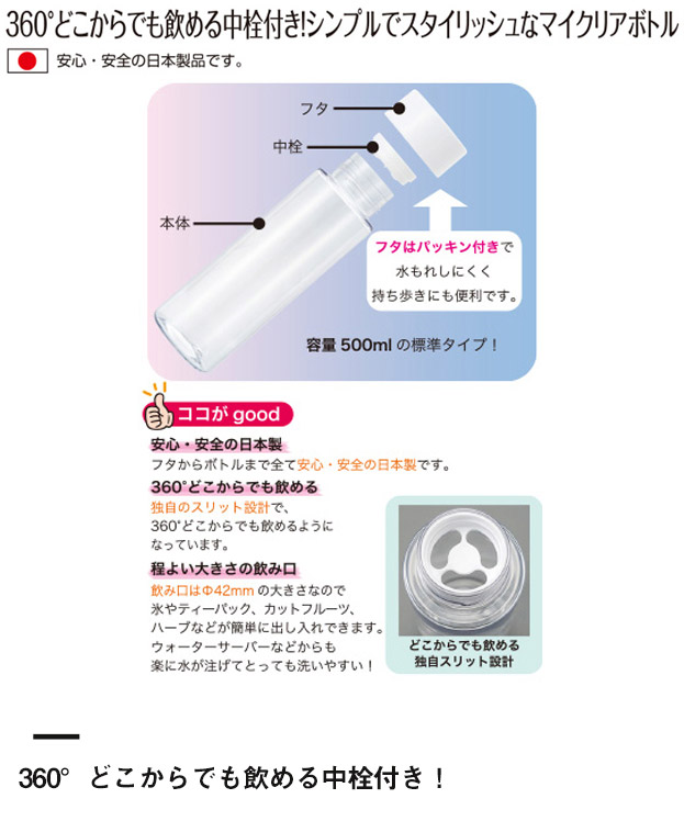 マイクリアボトル500ml（SNS-2400029）360°どこからでも飲める中栓付き！