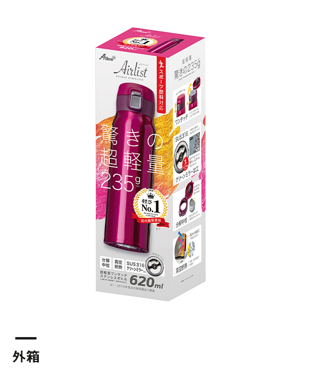 アトラス Airlist 超軽量ワンタッチボトル 620ml 【在庫限り商品】（AREW-600）外箱パッケージ画像