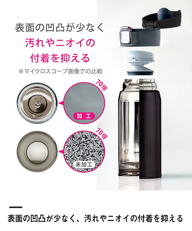 アトラス Airlist 超軽量ワンタッチボトル 800ml（AREW-800）表面の凹凸が少なく汚れやニオイの付着を抑える