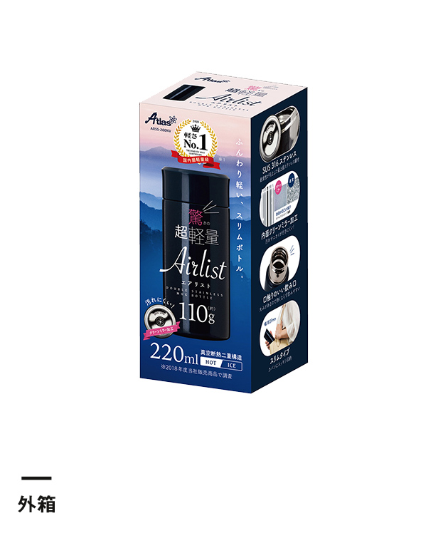 アトラス Airlist 超軽量スリムボトル 220ml（ARSS-200）個装パッケージ