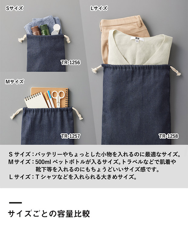 デニムライク巾着(S)※名入れ専用商品（SNS-0300434）サイズごとの容量比較