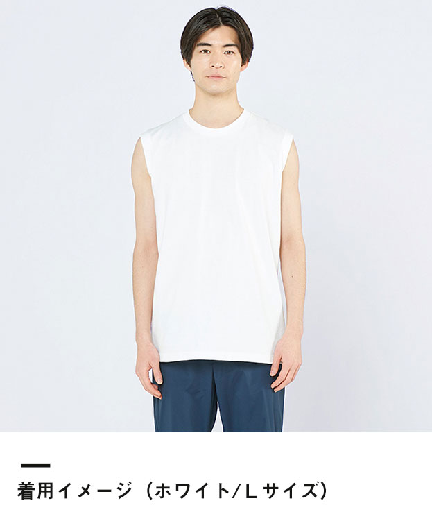5.6オンス ヘビーウェイトスリーブレスTシャツ（00115-CNS）着用イメージ（ホワイト／Lサイズ）正面