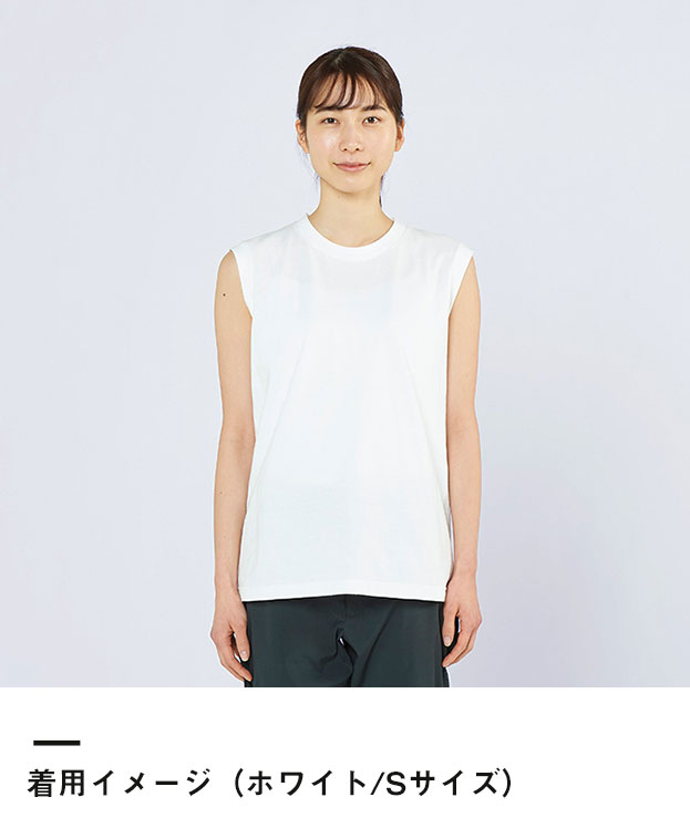 5.6オンス ヘビーウェイトスリーブレスTシャツ（00115-CNS）着用イメージ（ホワイト／Sサイズ）正面