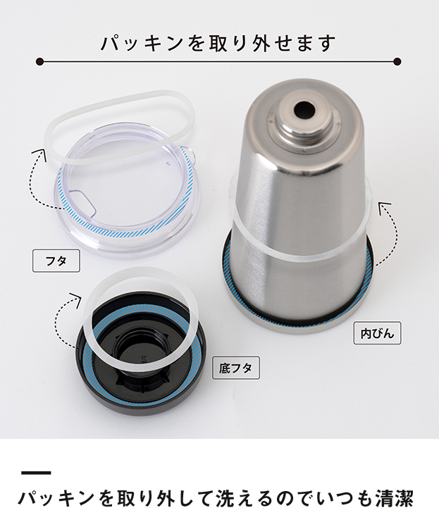 アトラス 中空ステンレスタンブラー370ml（ACT-370）パッキンを取り外して洗えるのでいつも清潔