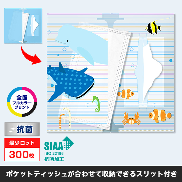 抗菌マスクケース　ダブルポケットタイプ（ポケットティッシュ用スリット付）〇全面フルカラープリント・抗菌・最少ロット300枚/ポケットティッシュが合わせて収納できるスリット付き
